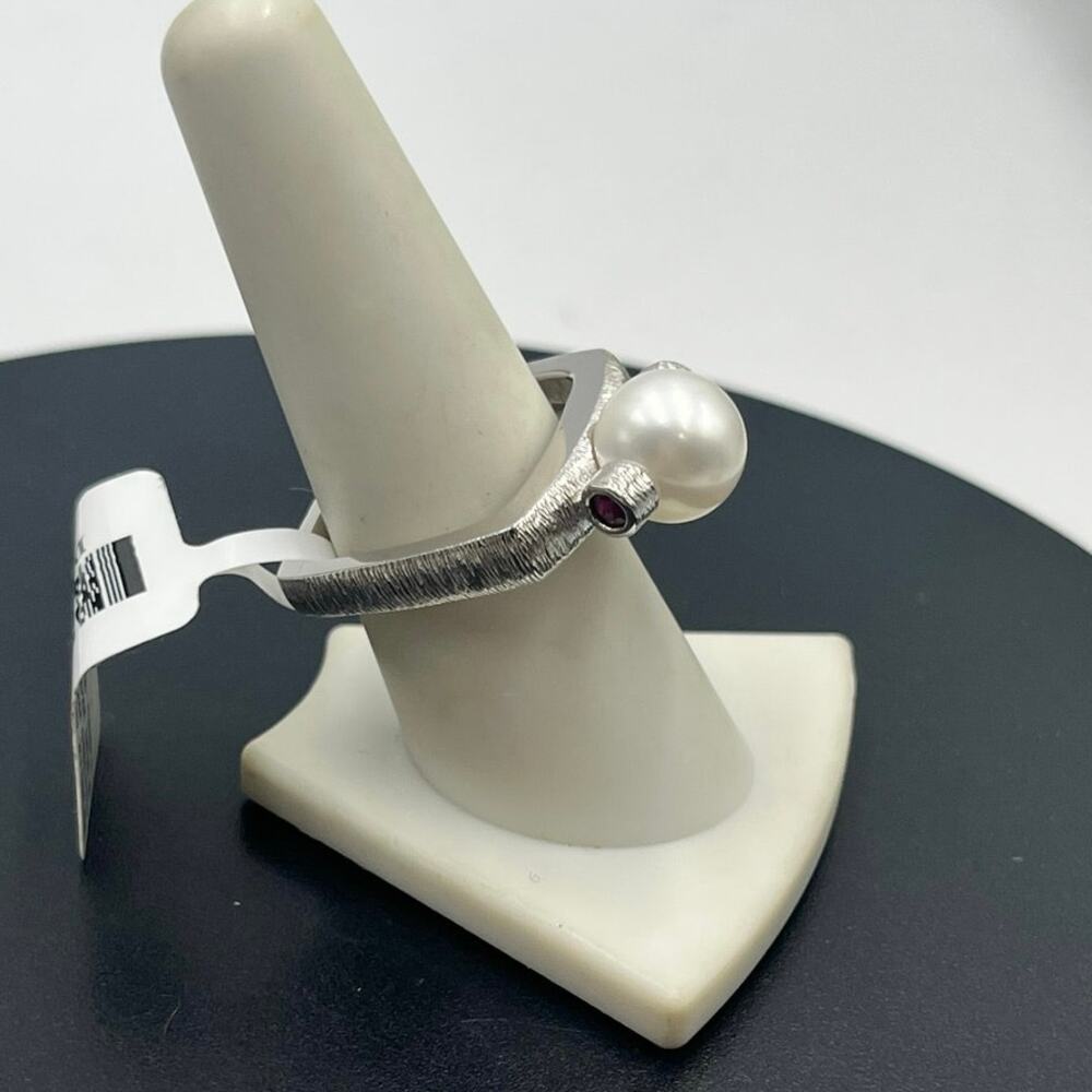 Michelle Albala 10mm Round Pearl Rhodium Sterling Ruby Cabochon Ring New Sz 9‎